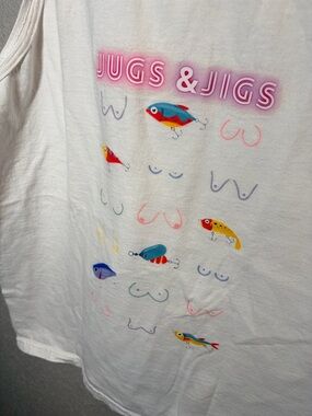 Jugs & Jigs Funny Fishing Tank Top White Graphic Unisex Shirt Size Large
